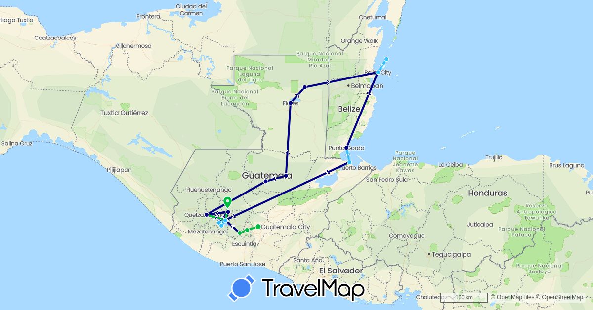 TravelMap itinerary: driving, bus, boat in Belize, Guatemala (North America)